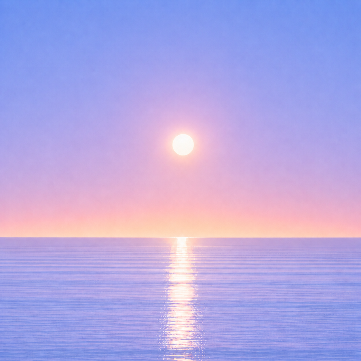 Minimalist seascape with a softly glowing sun suspended above a perfectly flat horizon, its luminous reflection stretching across a calm blue ocean beneath a tranquil summer sky — evoking the Beaming Blog about carrying your rhythm with you even when circumstances, locations, and routines change.