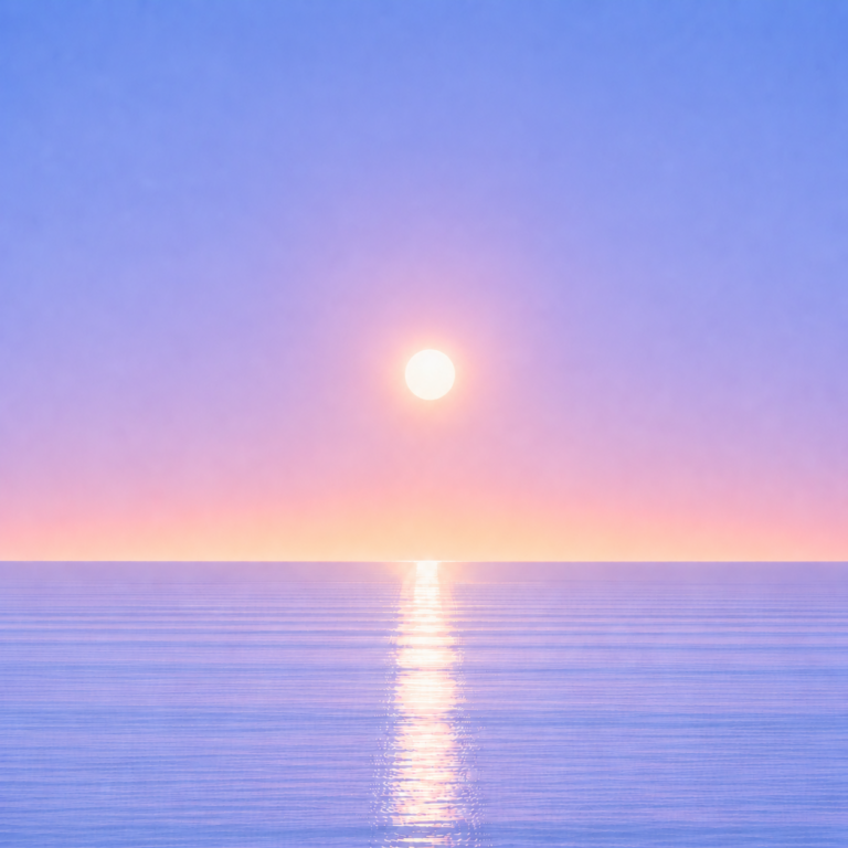 Minimalist seascape with a softly glowing sun suspended above a perfectly flat horizon, its luminous reflection stretching across a calm blue ocean beneath a tranquil summer sky — evoking the Beaming Blog about returning after a wobble and recognising that one difficult moment does not erase previous progress.