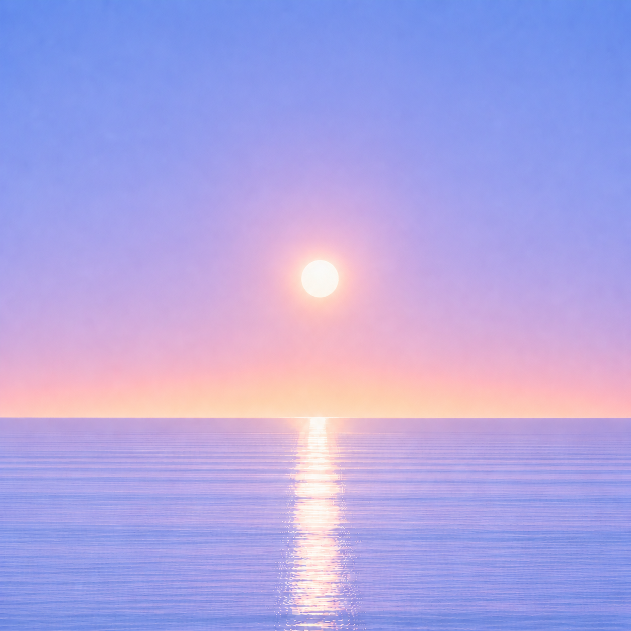 Minimalist seascape with a softly glowing sun suspended above a perfectly flat horizon, its luminous reflection stretching across a calm blue ocean beneath a tranquil summer sky — evoking the Beaming Blog about returning after a wobble and recognising that one difficult moment does not erase previous progress.