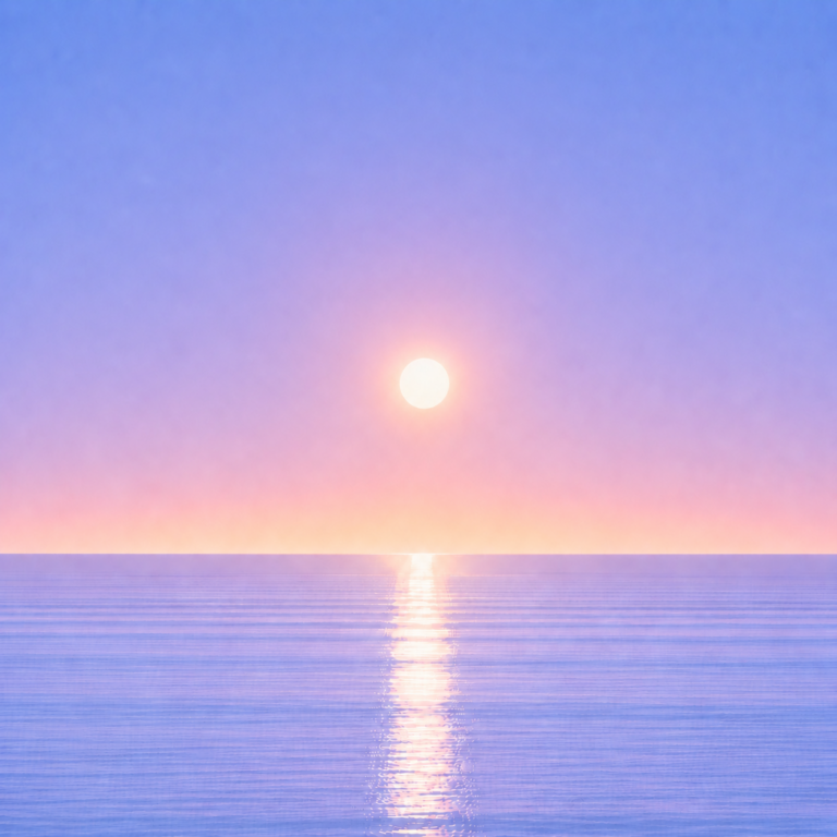 Minimalist seascape with a softly glowing sun suspended above a perfectly flat horizon, its luminous reflection stretching across a calm blue ocean beneath a tranquil summer sky — evoking the Beaming Blog about responding constructively on the days that do not go to plan.