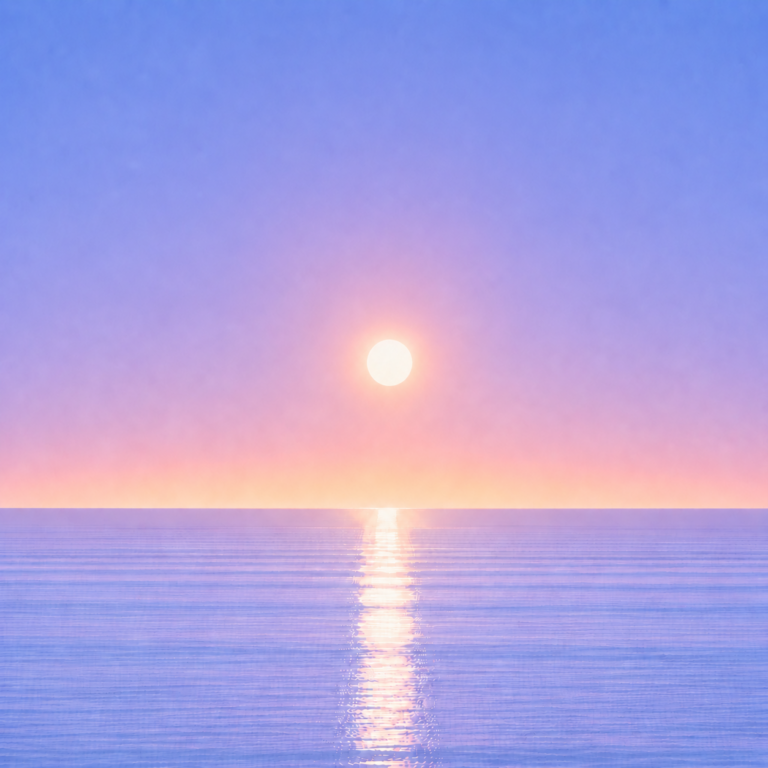 Minimalist seascape with a softly glowing sun suspended above a perfectly flat horizon, its luminous reflection stretching across a calm blue ocean beneath a tranquil summer sky — evoking the Beaming Blog about recognising the moments where giving up feels tempting and choosing to continue anyway.