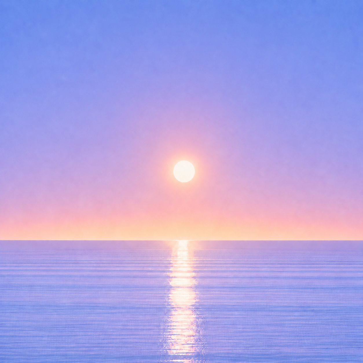 Minimalist seascape with a softly glowing sun suspended above a perfectly flat horizon, its luminous reflection stretching across a calm blue ocean beneath a tranquil summer sky — evoking the Beaming Blog about recognising the moments where giving up feels tempting and choosing to continue anyway.