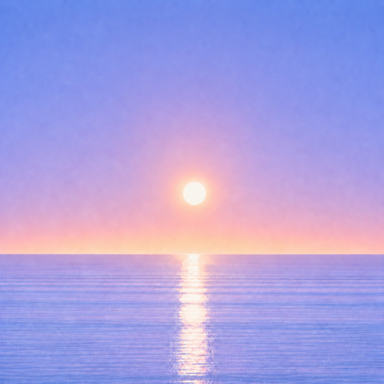 Minimalist seascape with a softly glowing sun suspended above a perfectly flat horizon, its luminous reflection stretching across a calm blue ocean beneath a tranquil summer sky — evoking the Beaming Blog that change doesn’t always feel obvious. Sometimes the real shift is in what no longer feels as difficult as it used to.