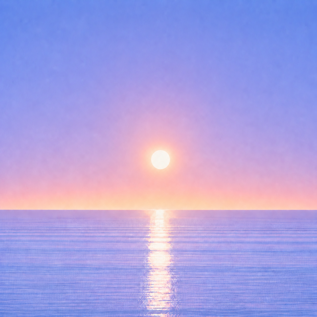 Minimalist seascape with a softly glowing sun suspended above a perfectly flat horizon, its luminous reflection stretching across a calm blue ocean beneath a tranquil summer sky — evoking the Beaming Blog that change doesn’t always feel obvious. Sometimes the real shift is in what no longer feels as difficult as it used to.