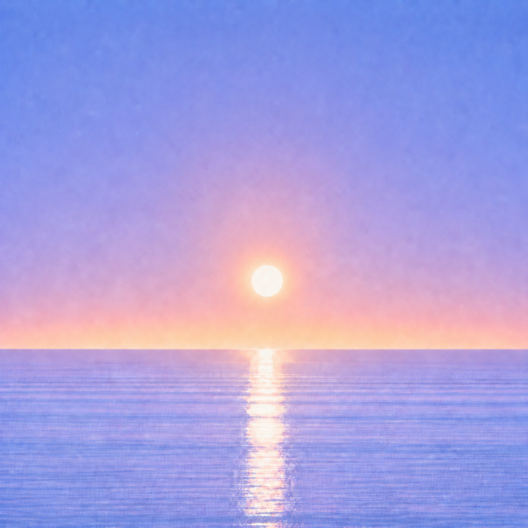 Minimalist seascape with a softly glowing sun suspended above a perfectly flat horizon, its luminous reflection stretching across a calm blue ocean beneath a tranquil summer sky — evoking the Beaming Blog about recognising the value of consistency even when external evidence appears unchanged.