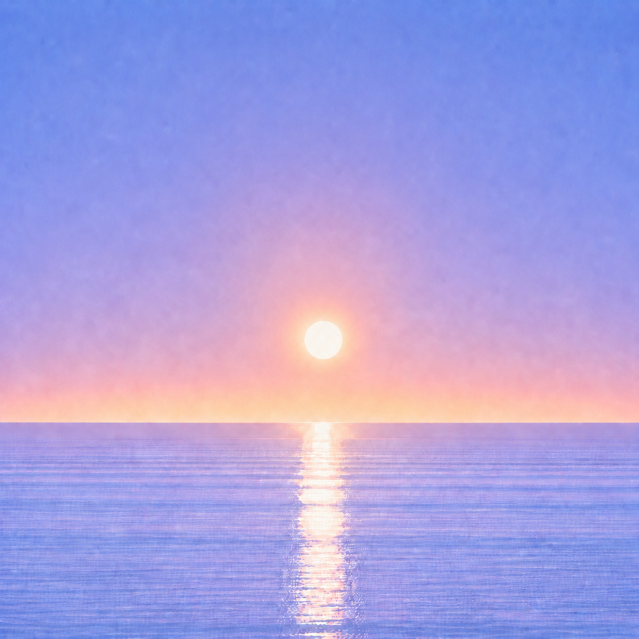 Minimalist seascape with a softly glowing sun suspended above a perfectly flat horizon, its luminous reflection stretching across a calm blue ocean beneath a tranquil summer sky — evoking the Beaming Blog about recognising the value of consistency even when external evidence appears unchanged.