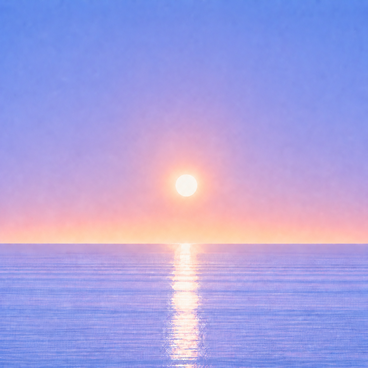 Minimalist seascape with a softly glowing sun suspended above a perfectly flat horizon, its luminous reflection stretching across a calm blue ocean beneath a tranquil summer sky — evoking the Beaming Blog about the subtle shifts that often happen long before we consciously recognise them.