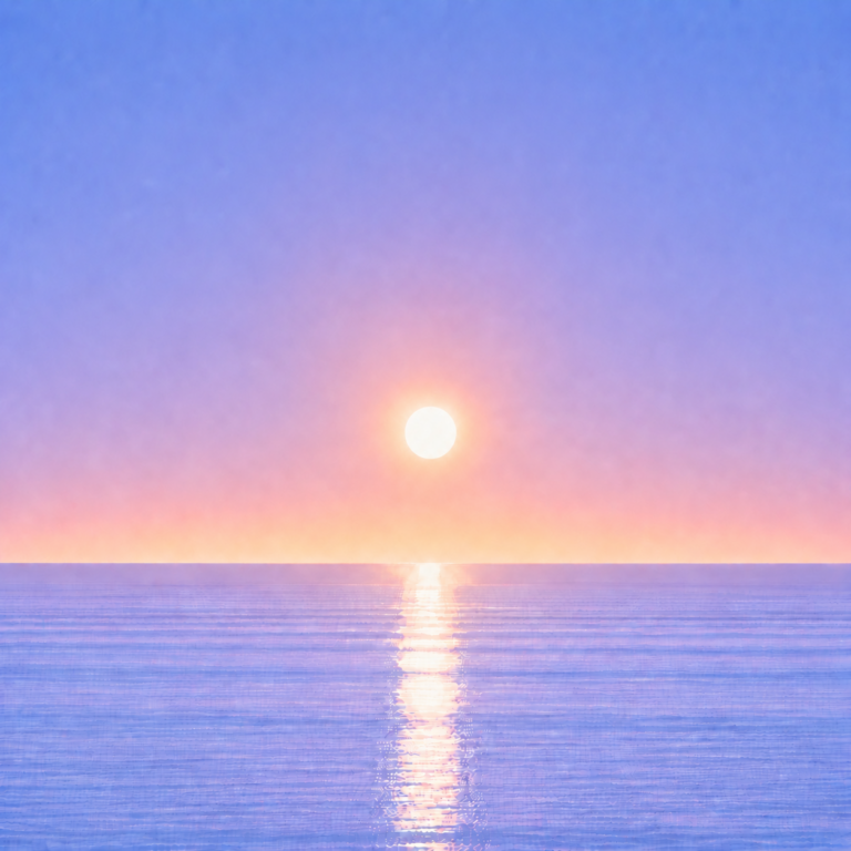 Minimalist seascape with a softly glowing sun suspended above a perfectly flat horizon, its luminous reflection stretching across a calm blue ocean beneath a tranquil summer sky — evoking the Beaming Blog about the quiet evidence of progress that is often overlooked while it is happening.