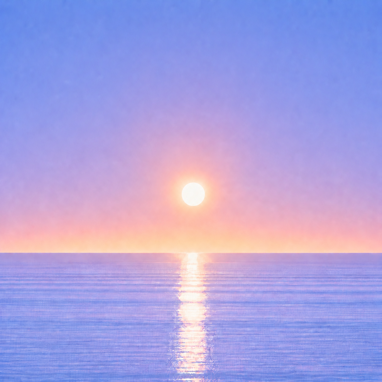Minimalist seascape with a softly glowing sun suspended above a perfectly flat horizon, its luminous reflection stretching across a calm blue ocean beneath a tranquil summer sky — evoking the Beaming Blog about the quiet evidence of progress that is often overlooked while it is happening.