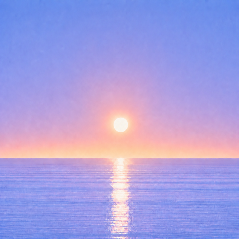 Minimalist seascape with a softly glowing sun suspended above a perfectly flat horizon, its luminous reflection stretching across a calm blue ocean beneath a tranquil summer sky — evoking the Beaming Blog about recognising changes in your responses, choices, and behaviour before noticing larger outcomes.