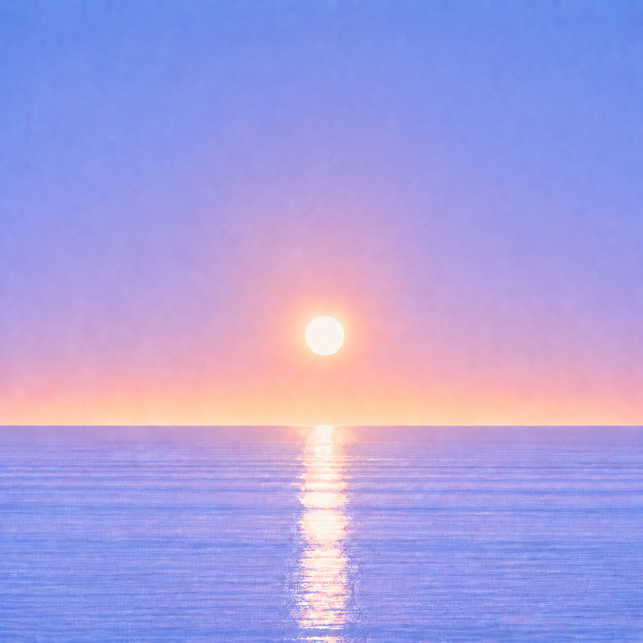 Minimalist seascape with a softly glowing sun suspended above a perfectly flat horizon, its luminous reflection stretching across a calm blue ocean beneath a tranquil summer sky — evoking the Beaming Blog about recognising changes in your responses, choices, and behaviour before noticing larger outcomes.