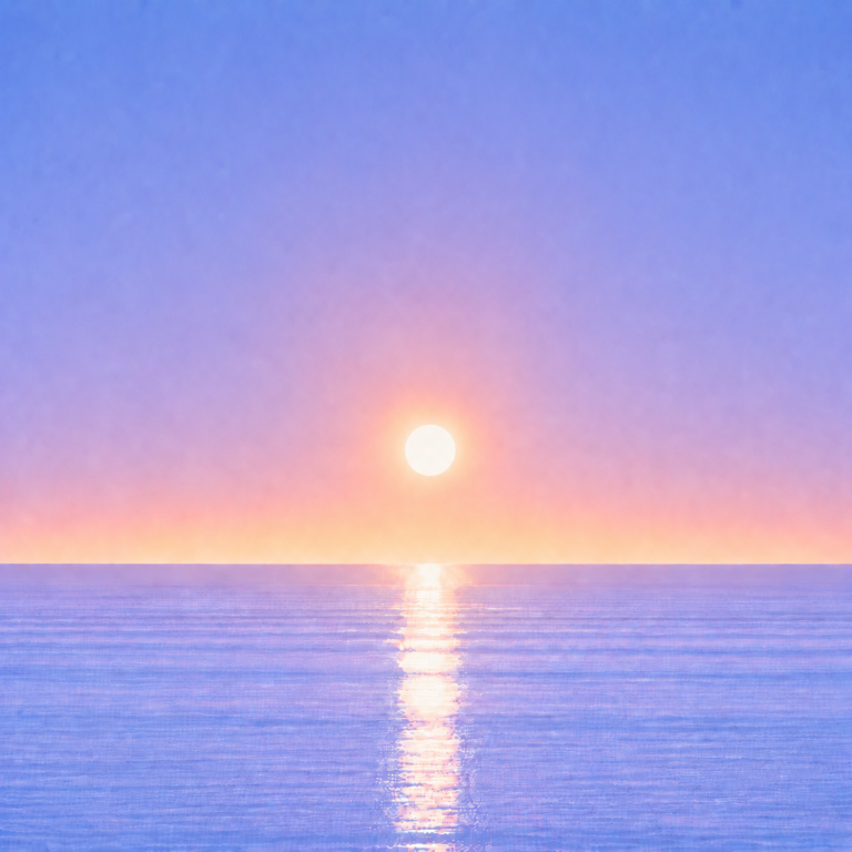 Minimalist seascape with a softly glowing sun suspended above a perfectly flat horizon, its luminous reflection stretching across a calm blue ocean beneath a tranquil summer sky — evoking the Beaming Blog about how meaningful change is often gradual, ordinary, and easy to underestimate.