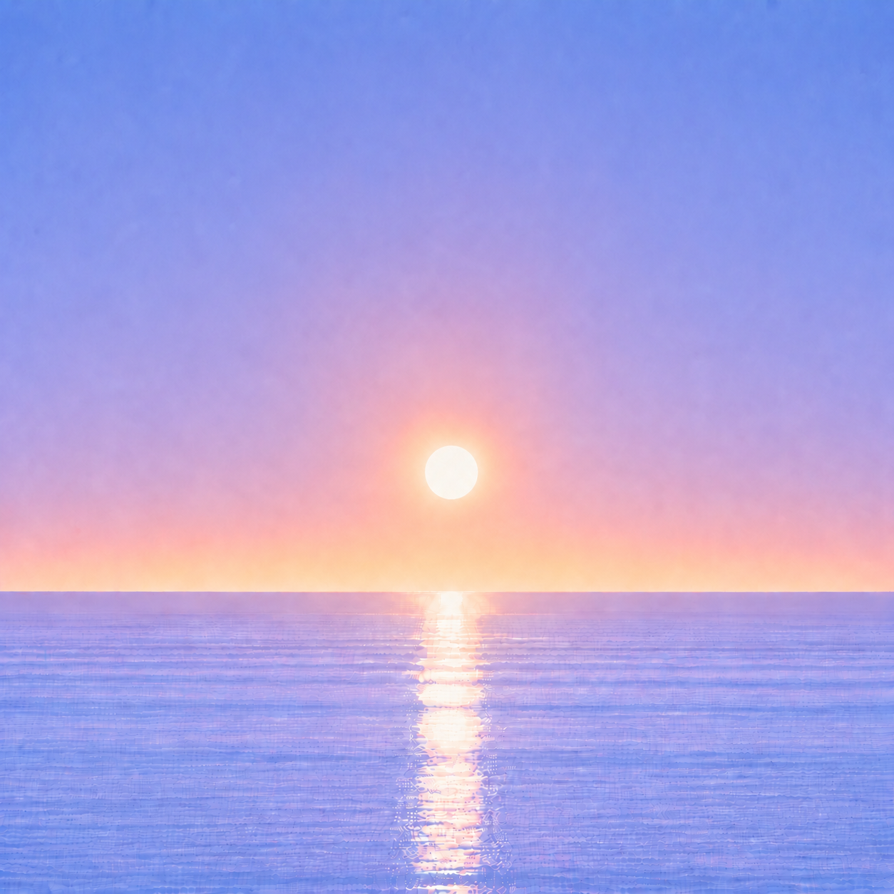 Minimalist seascape with a softly glowing sun suspended above a perfectly flat horizon, its luminous reflection stretching across a calm blue ocean beneath a tranquil summer sky — evoking the Beaming Blog about how meaningful change is often gradual, ordinary, and easy to underestimate.