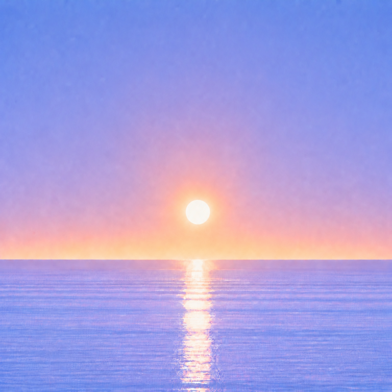 Minimalist seascape with a softly glowing sun suspended above a perfectly flat horizon, its luminous reflection stretching across a calm blue ocean beneath a tranquil summer sky — evoking the Beaming Blog about moving beyond short-term fixes and building something that can continue over time.