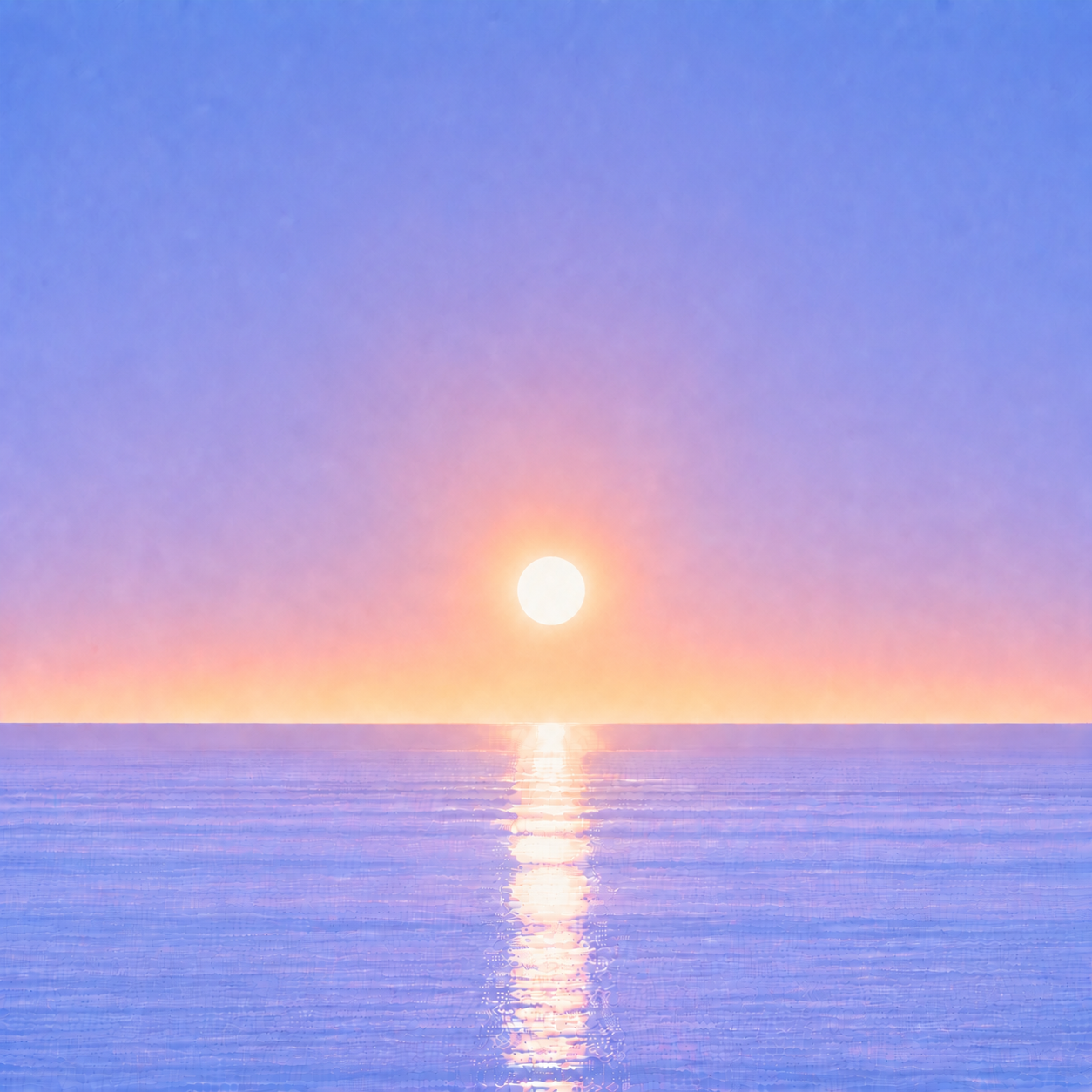 Minimalist seascape with a softly glowing sun suspended above a perfectly flat horizon, its luminous reflection stretching across a calm blue ocean beneath a tranquil summer sky — evoking the Beaming Blog about moving beyond short-term fixes and building something that can continue over time.