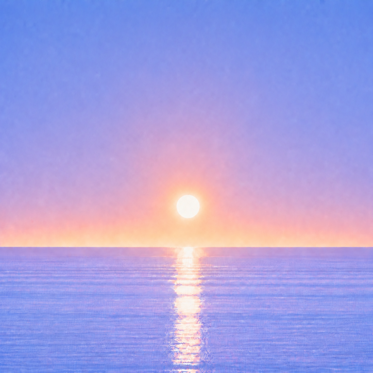 Minimalist seascape with a softly glowing sun suspended above a perfectly flat horizon, its luminous reflection stretching across a calm blue ocean beneath a tranquil summer sky — evoking the Beaming Blog about creating a sustainable rhythm that fits your own life, circumstances, and needs.
