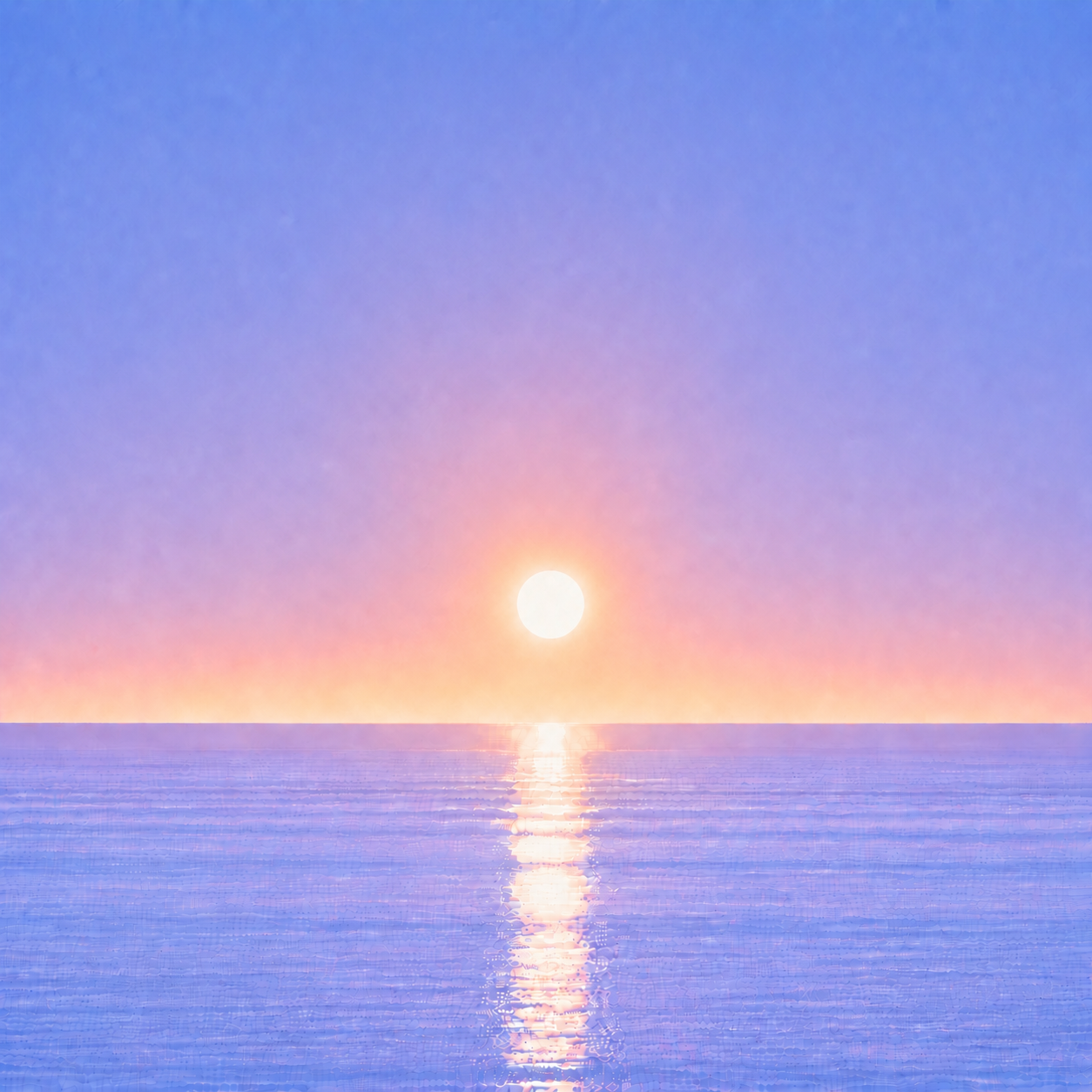 Minimalist seascape with a softly glowing sun suspended above a perfectly flat horizon, its luminous reflection stretching across a calm blue ocean beneath a tranquil summer sky — evoking the Beaming Blog about creating a sustainable rhythm that fits your own life, circumstances, and needs.