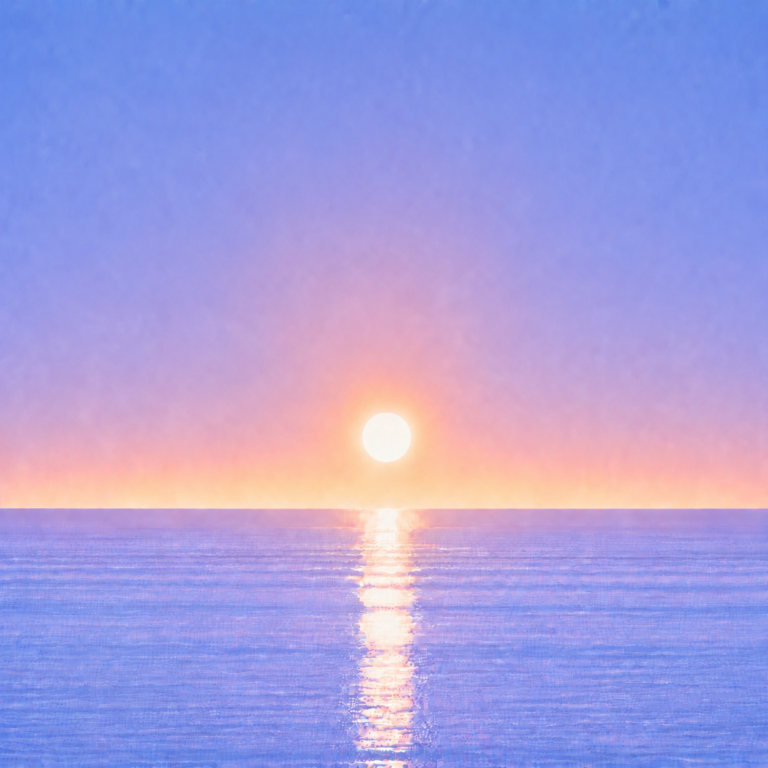 Minimalist seascape with a softly glowing sun suspended above a perfectly flat horizon, its luminous reflection stretching across a calm blue ocean beneath a tranquil summer sky — evoking the Beaming Blog about valuing continuation over completion and recognising that keeping the thread alive is sometimes enough.
