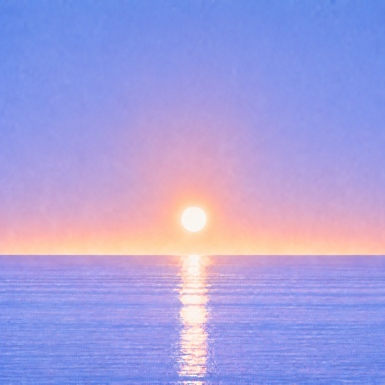 Minimalist seascape with a softly glowing sun suspended above a perfectly flat horizon, its luminous reflection stretching across a calm blue ocean beneath a tranquil summer sky — evoking the Beaming Blog about valuing continuation over completion and recognising that keeping the thread alive is sometimes enough.