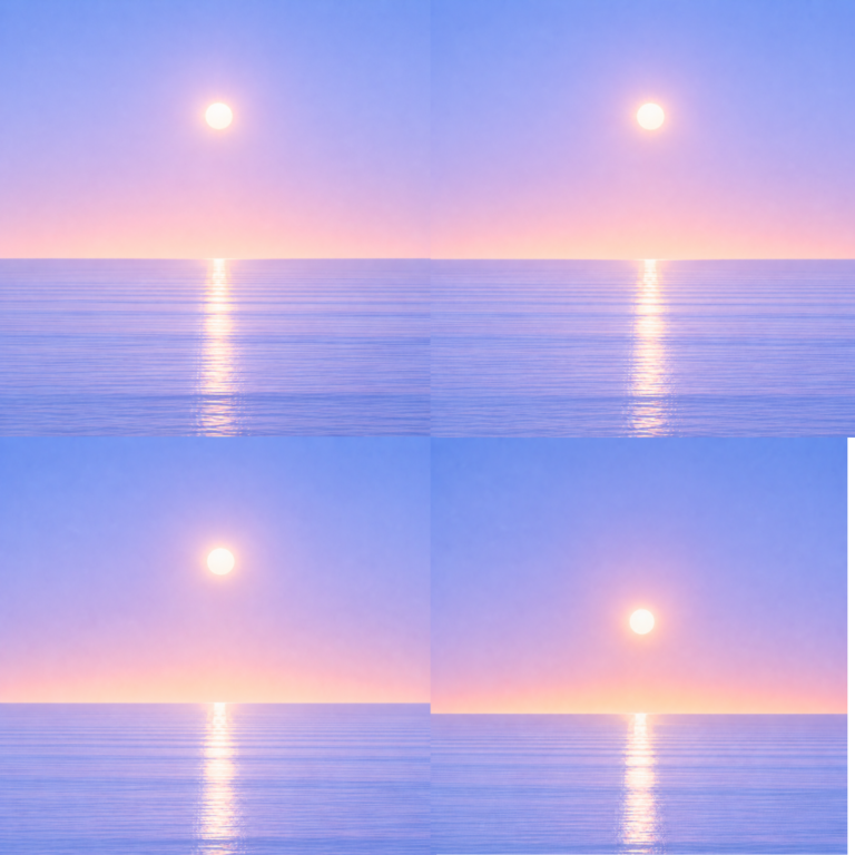 Minimalist seascape with a softly glowing sun suspended above a perfectly flat horizon, its luminous reflection stretching across a calm blue ocean beneath a tranquil pastel sky — evoking the Beaming Bernie blog What Works For Me Won't Work For You, about finding your own path instead of following someone else's blueprint.