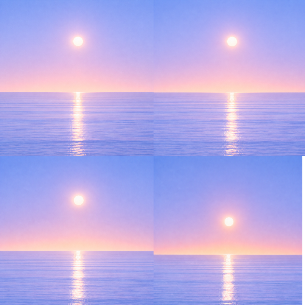 Minimalist seascape with a softly glowing sun suspended above a perfectly flat horizon, its luminous reflection stretching across a calm blue ocean beneath a tranquil pastel sky — evoking the Beaming Bernie blog What Works For Me Won't Work For You, about finding your own path instead of following someone else's blueprint.