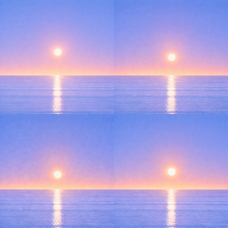 Minimalist seascape with a softly glowing sun suspended above a perfectly flat horizon, its luminous reflection stretching across a calm blue ocean beneath a tranquil pastel sky — evoking the Beaming Bernie blog This Month I Started My Sixth Job In Five Years, about moving forward without waiting for life to become stable.