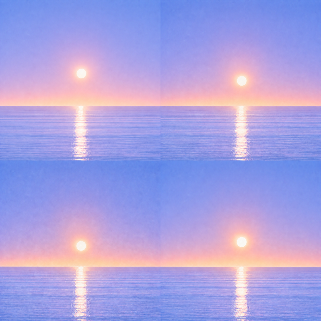 Minimalist seascape with a softly glowing sun suspended above a perfectly flat horizon, its luminous reflection stretching across a calm blue ocean beneath a tranquil pastel sky — evoking the Beaming Bernie blog This Month I Started My Sixth Job In Five Years, about moving forward without waiting for life to become stable.