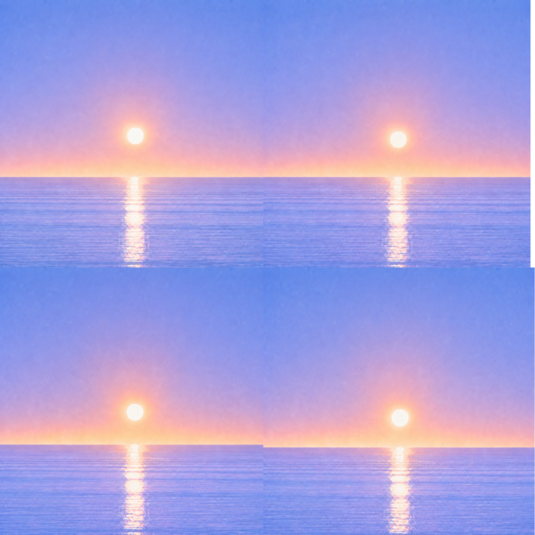 Minimalist seascape with a softly glowing sun suspended above a perfectly flat horizon, its luminous reflection stretching across a calm blue ocean beneath a tranquil pastel sky — evoking the Beaming Bernie blog Still Waiting For The Fairy Tale, about letting go of the belief that confidence, perfect timing or rescue must arrive before life can move forward.