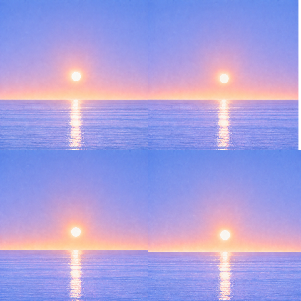 Minimalist seascape with a softly glowing sun suspended above a perfectly flat horizon, its luminous reflection stretching across a calm blue ocean beneath a tranquil pastel sky — evoking the Beaming Bernie blog Still Waiting For The Fairy Tale, about letting go of the belief that confidence, perfect timing or rescue must arrive before life can move forward.