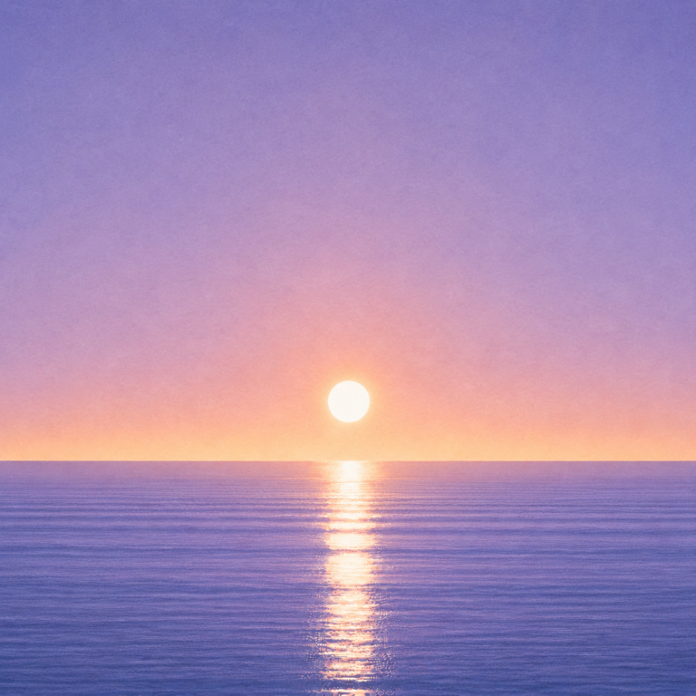 Minimalist seascape with a bright sun resting just above a perfectly flat horizon, its golden reflection stretching across a calm blue ocean beneath a soft pastel sky — evoking the Beaming Bernie blog The Hidden Cost of Standing Still, about the unseen price of waiting instead of moving forward.