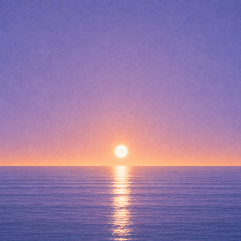 Minimalist seascape with a bright sun resting just above a perfectly flat horizon, its golden reflection stretching across a calm blue ocean beneath a soft pastel sky — evoking the Beaming Bernie blog The Changes We Never Meant to Make, about the gradual decisions and unnoticed habits that quietly shape our future.