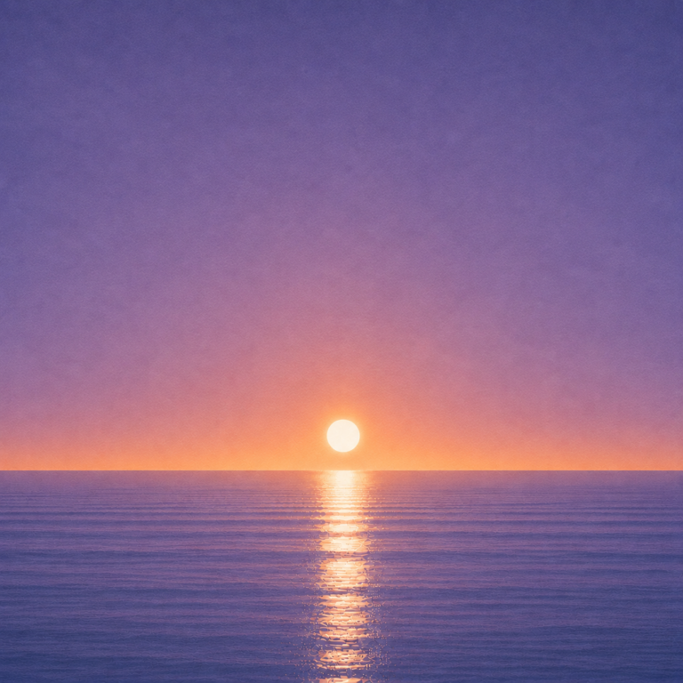 Minimalist seascape with a bright sun resting just above a perfectly flat horizon, its golden reflection stretching across a calm blue ocean beneath a soft pastel sky — evoking the Beaming Bernie blog Not Deciding Is Still a Decision, about how postponing a choice can quietly shape the future just as much as making one.