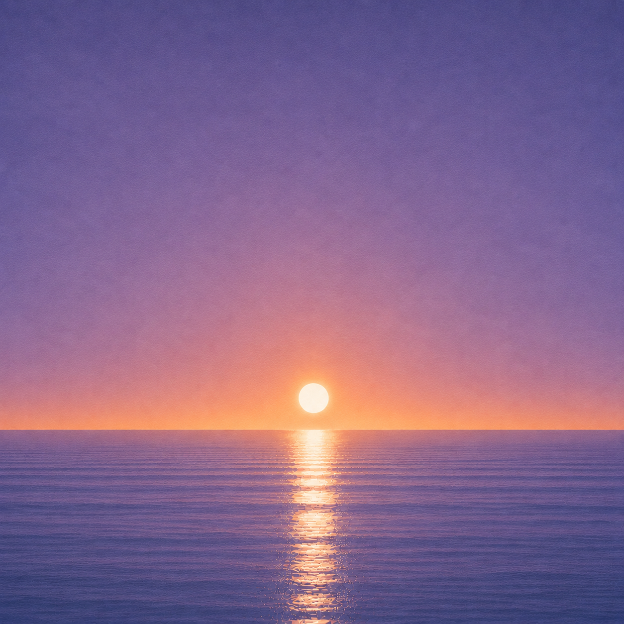 Minimalist seascape with a bright sun resting just above a perfectly flat horizon, its golden reflection stretching across a calm blue ocean beneath a soft pastel sky — evoking the Beaming Bernie blog Not Deciding Is Still a Decision, about how postponing a choice can quietly shape the future just as much as making one.