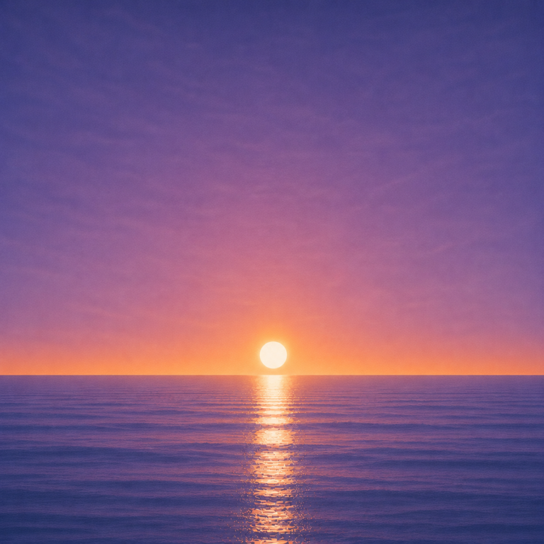 Minimalist seascape with a bright sun resting just above a perfectly flat horizon, its golden reflection stretching across a calm blue ocean beneath a soft pastel sky — evoking the Beaming Bernie blog Nobody Is Coming And That's Not Bad News, about discovering the freedom that comes from accepting responsibility for your own next step.