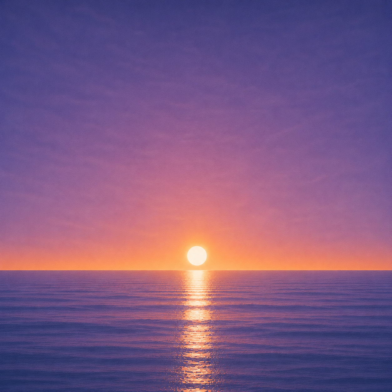 Minimalist seascape with a bright sun resting just above a perfectly flat horizon, its golden reflection stretching across a calm blue ocean beneath a soft pastel sky — evoking the Beaming Bernie blog Nobody Is Coming And That's Not Bad News, about discovering the freedom that comes from accepting responsibility for your own next step.
