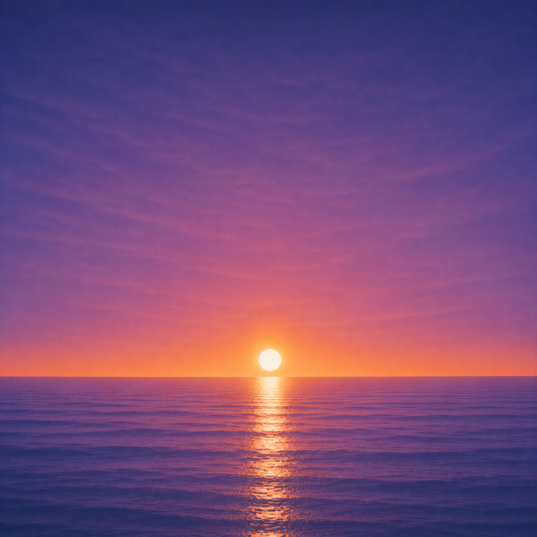 Minimalist seascape with a bright sun resting just above a perfectly flat horizon, its golden reflection stretching across a calm blue ocean beneath a deepening violet and amber sky — evoking the Beaming Bernie blog The Things We're Waiting For, about recognising that confidence, certainty and perfect timing are rarely what truly moves us forward.