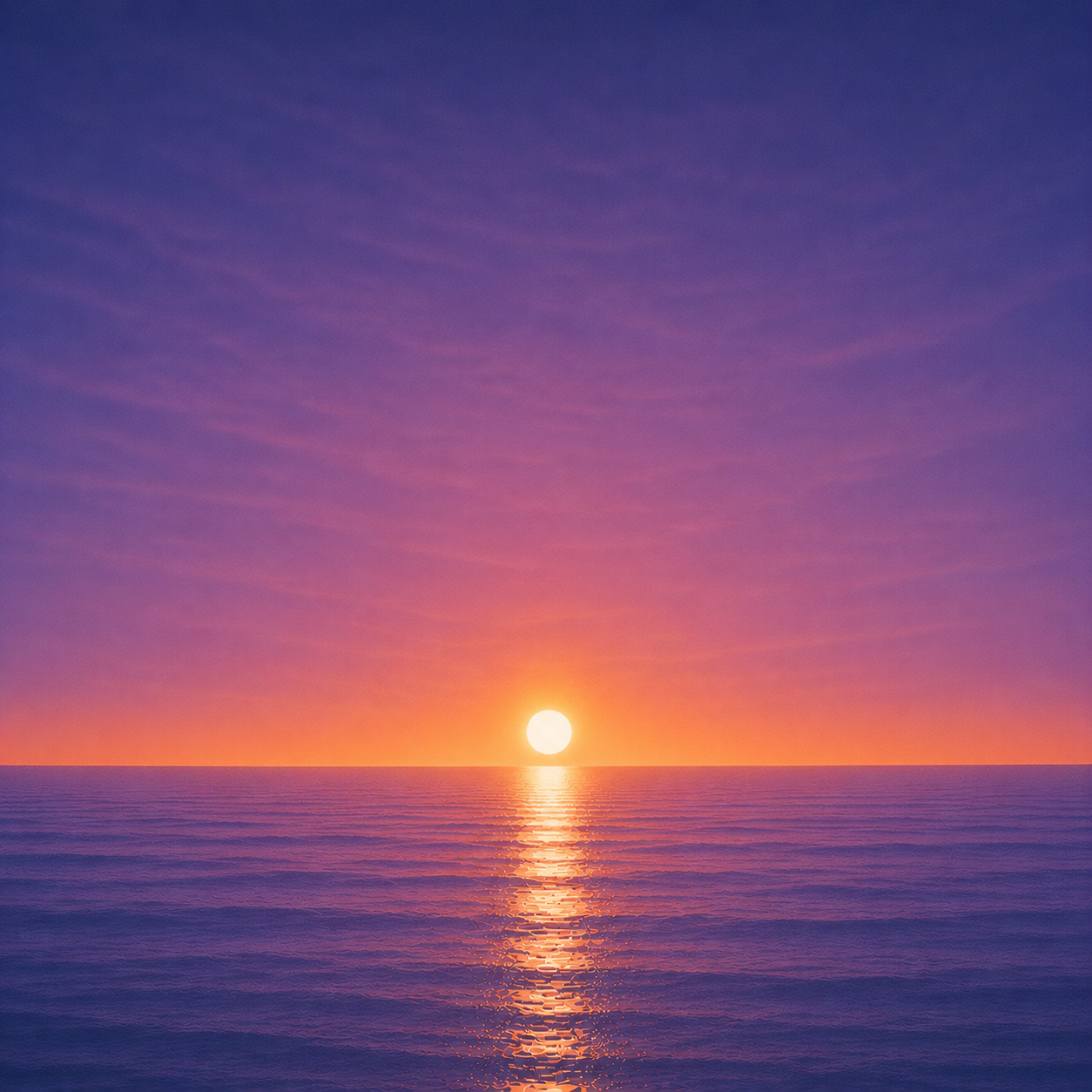 Minimalist seascape with a bright sun resting just above a perfectly flat horizon, its golden reflection stretching across a calm blue ocean beneath a deepening violet and amber sky — evoking the Beaming Bernie blog The Things We're Waiting For, about recognising that confidence, certainty and perfect timing are rarely what truly moves us forward.