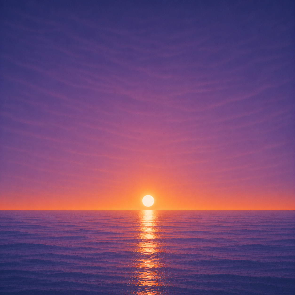 Minimalist seascape with a bright sun resting just above a perfectly flat horizon, its golden reflection stretching across a calm blue ocean beneath a deep violet and amber sky — evoking the Beaming Bernie blog What If You Stopped Waiting, about choosing a direction and taking the next step instead of waiting for complete certainty.
