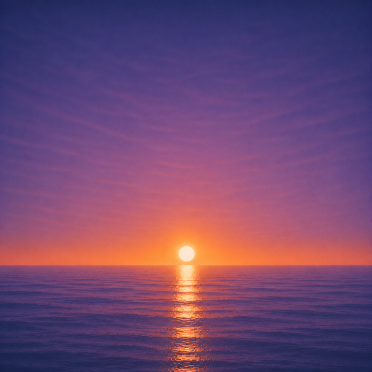 Minimalist seascape with a bright sun resting just above a perfectly flat horizon, its golden reflection stretching across a calm blue ocean beneath a deep violet and amber sky — evoking the Beaming Bernie blog The Myth of the Perfect Decision, about letting go of the search for certainty and choosing progress over perfection.