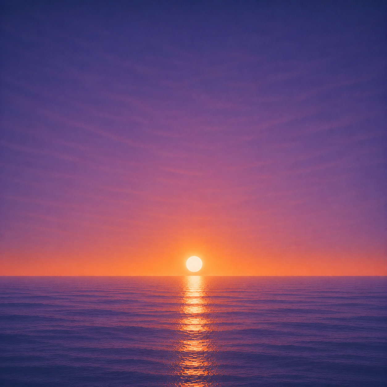Minimalist seascape with a bright sun resting just above a perfectly flat horizon, its golden reflection stretching across a calm blue ocean beneath a deep violet and amber sky — evoking the Beaming Bernie blog The Myth of the Perfect Decision, about letting go of the search for certainty and choosing progress over perfection.
