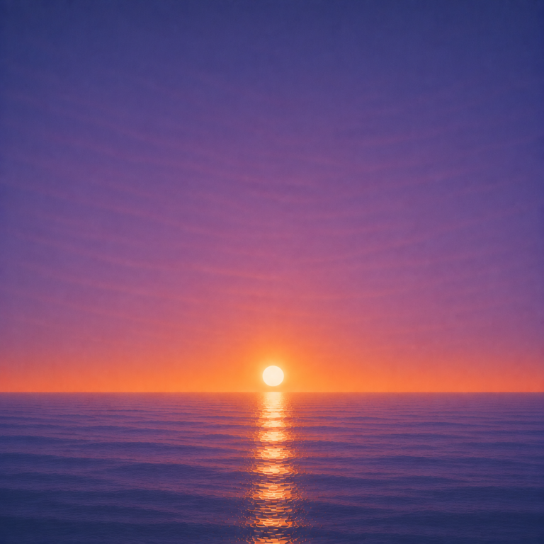 Minimalist seascape with a bright sun resting just above a perfectly flat horizon, its golden reflection stretching across a calm blue ocean beneath a deep violet and amber sky — evoking the Beaming Bernie blog What If You Choose Wrong, about making thoughtful decisions without waiting for the impossible guarantee of certainty or a life free from regret.