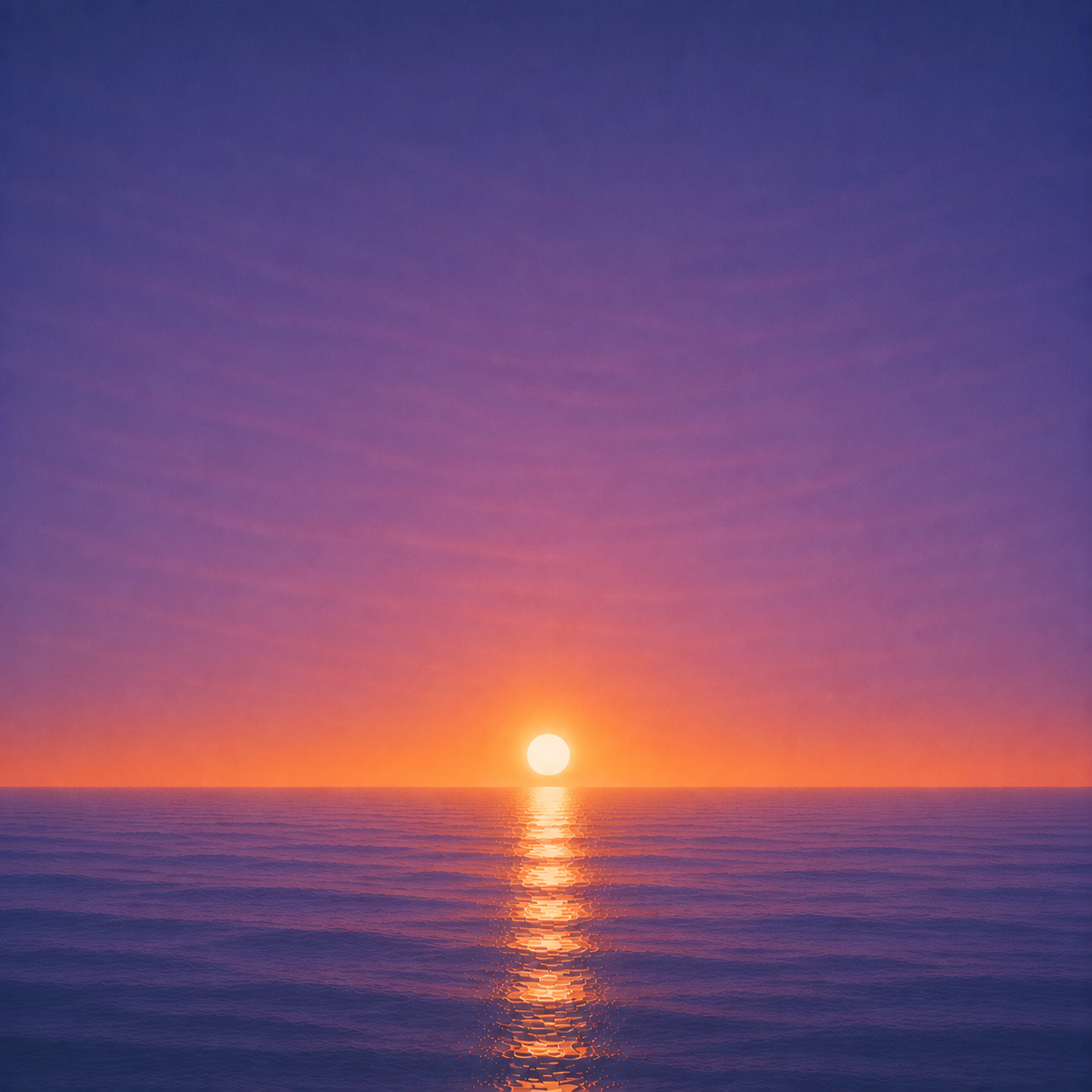Minimalist seascape with a bright sun resting just above a perfectly flat horizon, its golden reflection stretching across a calm blue ocean beneath a deep violet and amber sky — evoking the Beaming Bernie blog What If You Choose Wrong, about making thoughtful decisions without waiting for the impossible guarantee of certainty or a life free from regret.