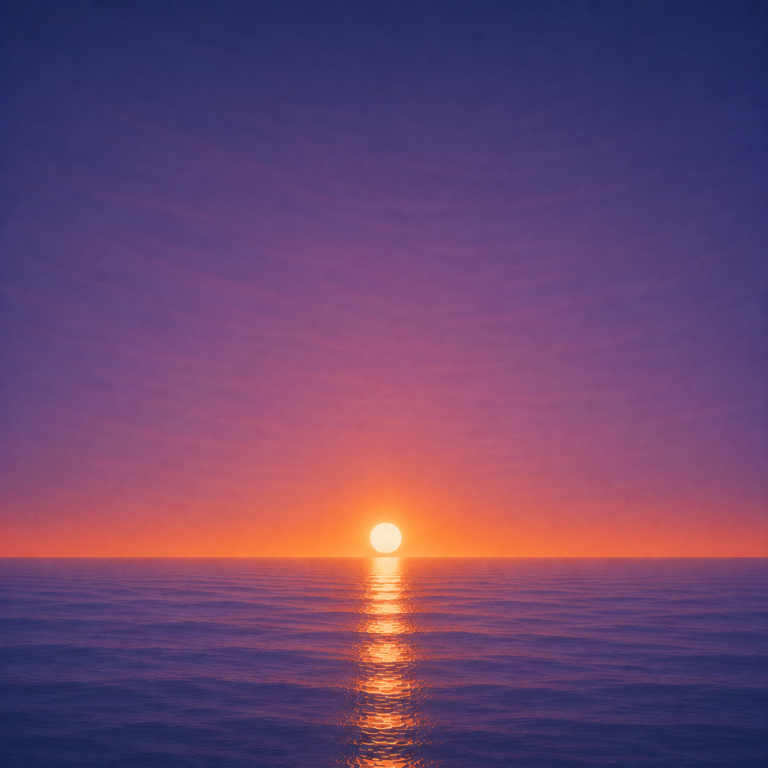 Minimalist seascape with a bright sun resting just above a perfectly flat horizon, its golden reflection stretching across a calm blue ocean beneath a deep violet and amber sky — evoking the Beaming Bernie blog Most Decisions Are Adjustable, about recognising that many choices are more flexible than they first appear and can be refined as you move forward.