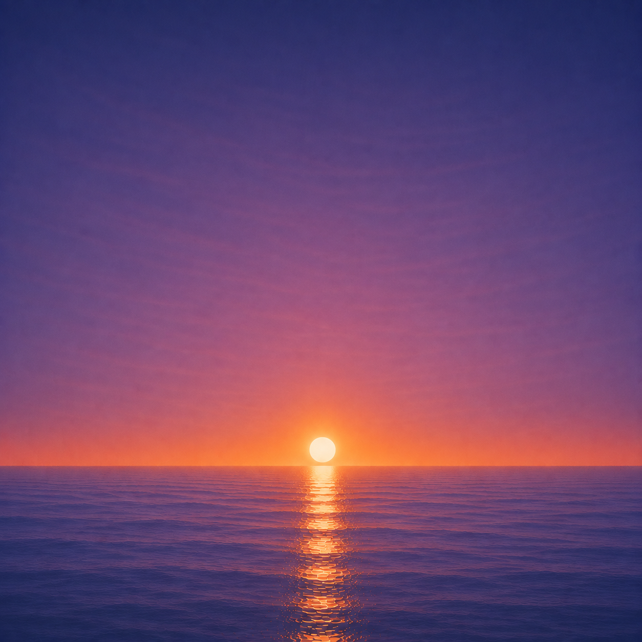 Minimalist seascape with a bright sun resting just above a perfectly flat horizon, its golden reflection stretching across a calm blue ocean beneath a deep violet and amber sky — evoking the Beaming Bernie blog Most Decisions Are Adjustable, about recognising that many choices are more flexible than they first appear and can be refined as you move forward.