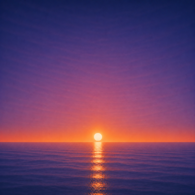Minimalist seascape with a bright sun resting just above a perfectly flat horizon, its golden reflection stretching across a calm blue ocean beneath a deep violet and amber sky — evoking the Beaming Bernie blog What If This Isn't The Rehearsal, about recognising that the life you're living now is not a waiting room but part of the story you're already writing.