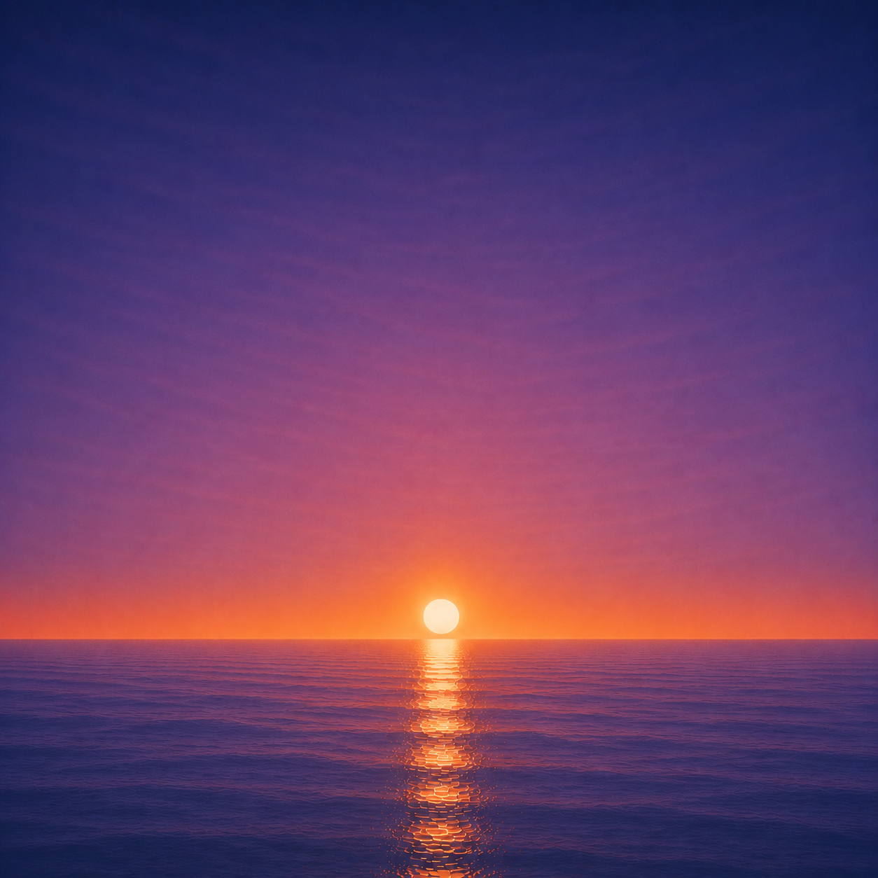 Minimalist seascape with a bright sun resting just above a perfectly flat horizon, its golden reflection stretching across a calm blue ocean beneath a deep violet and amber sky — evoking the Beaming Bernie blog What If This Isn't The Rehearsal, about recognising that the life you're living now is not a waiting room but part of the story you're already writing.