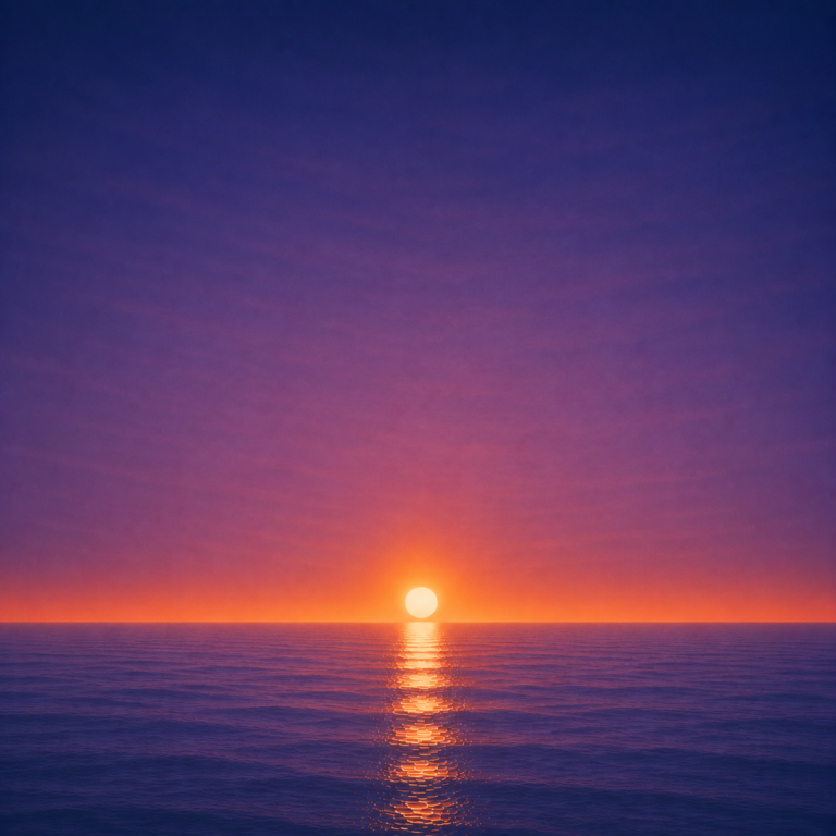 Minimalist seascape with a bright sun resting just above a perfectly flat horizon, its golden reflection stretching across a calm blue ocean beneath a deep violet and amber sky — evoking the Beaming Bernie blog The Life You're Practising For, about recognising when preparation has become a substitute for participation and choosing to begin before you feel completely ready.