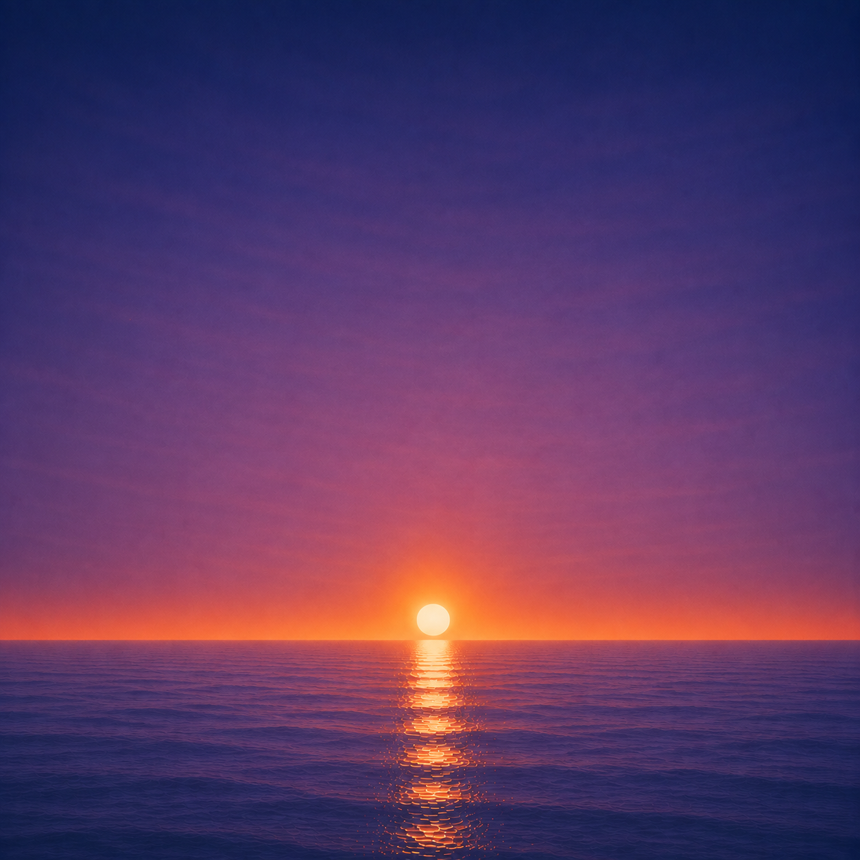 Minimalist seascape with a bright sun resting just above a perfectly flat horizon, its golden reflection stretching across a calm blue ocean beneath a deep violet and amber sky — evoking the Beaming Bernie blog The Life You're Practising For, about recognising when preparation has become a substitute for participation and choosing to begin before you feel completely ready.