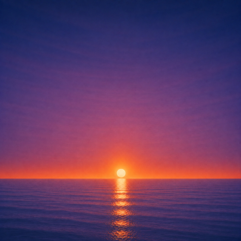 Minimalist seascape with a bright sun resting just above a perfectly flat horizon, its golden reflection stretching across a calm blue ocean beneath a deep violet and amber sky — evoking the Beaming Bernie blog Another Six Months Will Pass Anyway, about recognising that time will keep moving whether you act or not, and the quiet cost of continuing to wait.