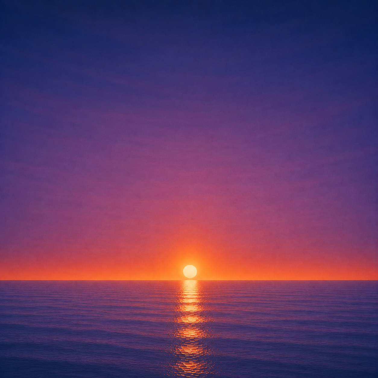 Minimalist seascape with a bright sun resting just above a perfectly flat horizon, its golden reflection stretching across a calm blue ocean beneath a deep violet and amber sky — evoking the Beaming Bernie blog Another Six Months Will Pass Anyway, about recognising that time will keep moving whether you act or not, and the quiet cost of continuing to wait.